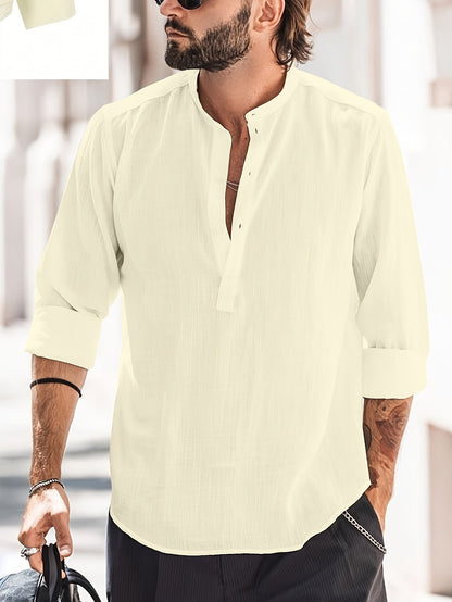 Leinenhemd – halbe Knopfleiste – lange Ärmel – Sommerhemd – Herrenhemd-Gelb-S-Chaps Herrenmode