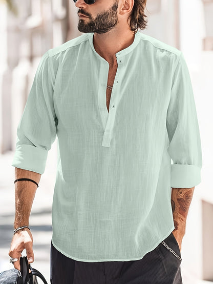 Leinenhemd – halbe Knopfleiste – lange Ärmel – Sommerhemd – Herrenhemd-Hellgrün-S-Chaps Herrenmode