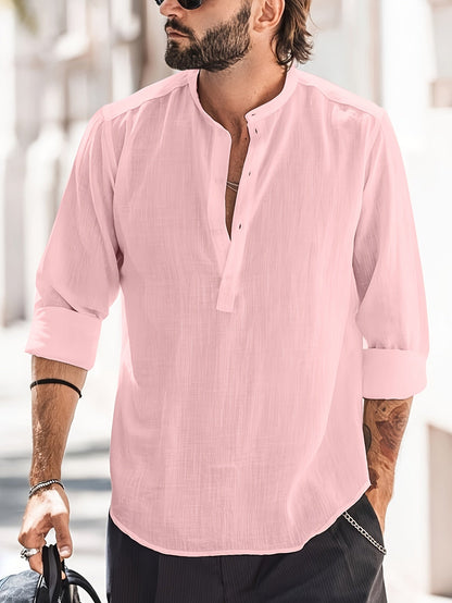 Leinenhemd – halbe Knopfleiste – lange Ärmel – Sommerhemd – Herrenhemd-Rosa-S-Chaps Herrenmode