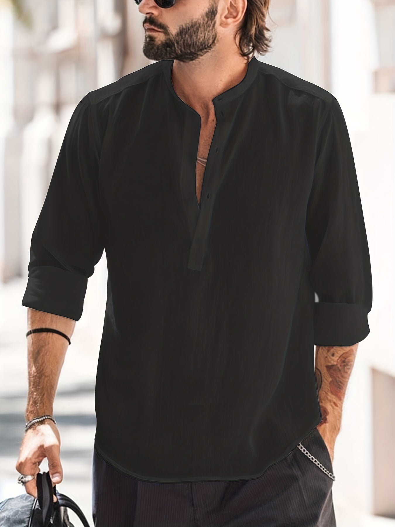 Leinenhemd – halbe Knopfleiste – lange Ärmel – Sommerhemd – Herrenhemd-Schwarz-S-Chaps Herrenmode