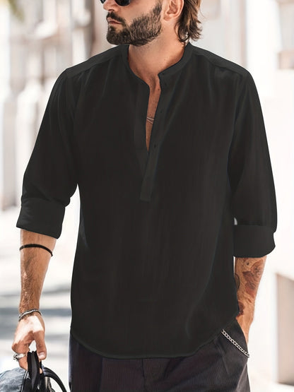 Leinenhemd – halbe Knopfleiste – lange Ärmel – Sommerhemd – Herrenhemd-Schwarz-S-Chaps Herrenmode
