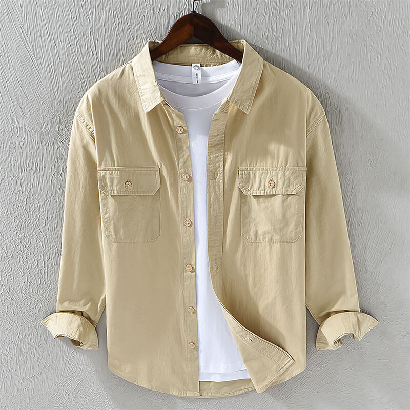 Leinenhemd – lässiges Langarmhemd für Herren mit Knöpfen und Taschen-Beige-M-Chaps Herrenmode