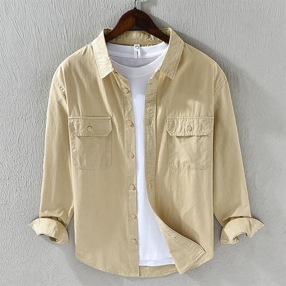 Leinenhemd – lässiges Langarmhemd für Herren mit Knöpfen und Taschen-Beige-M-Chaps Herrenmode