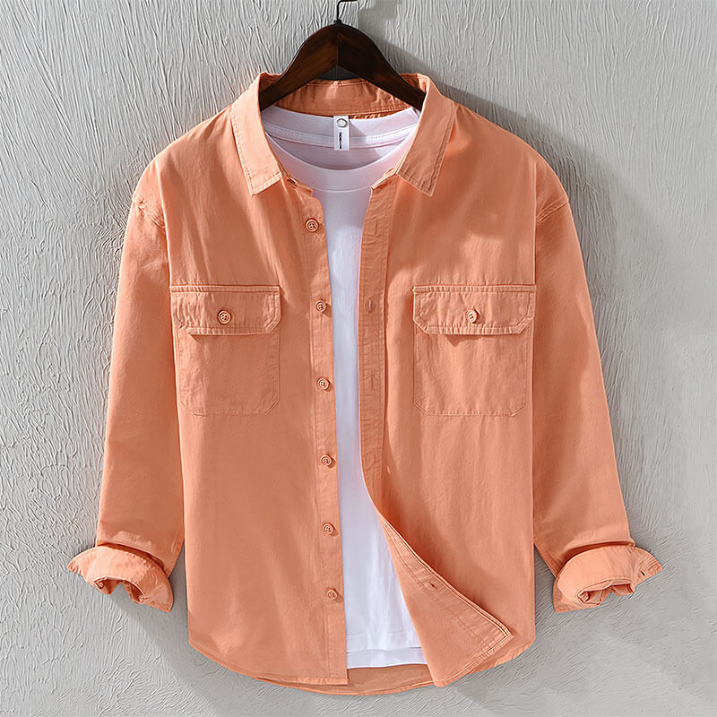 Leinenhemd – lässiges Langarmhemd für Herren mit Knöpfen und Taschen-Orange-M-Chaps Herrenmode
