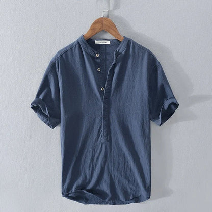 Leinenhemd – leichtes Kurzarm-T-Shirt mit halben Knöpfen für Herren-Dunkelblau-XS-Chaps Herrenmode