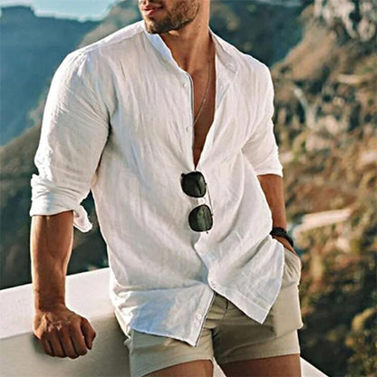 Leinenhemd – leichtes Langarmhemd mit Knöpfen für Herren-Weiß-S-Chaps Herrenmode