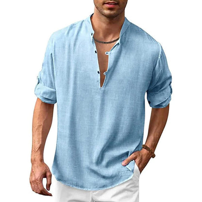Leinenhemd – locker sitzendes, leichtes Sommerhemd mit V-Ausschnitt für Herren-Blau-S-Chaps Herrenmode
