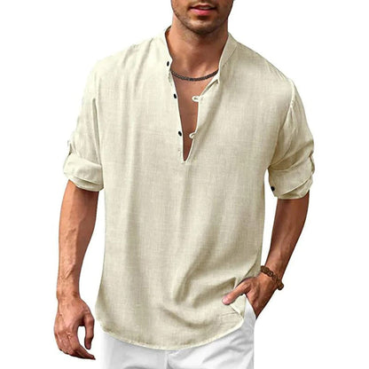 Leinenhemd – locker sitzendes, leichtes Sommerhemd mit V-Ausschnitt für Herren-Creme-S-Chaps Herrenmode