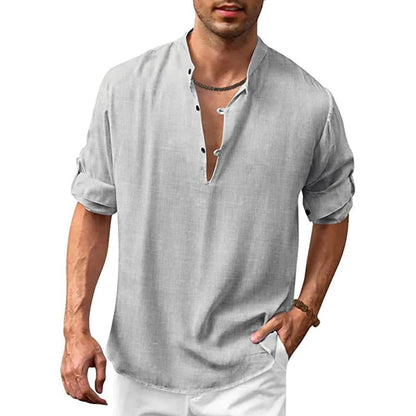 Leinenhemd – locker sitzendes, leichtes Sommerhemd mit V-Ausschnitt für Herren-Grau-S-Chaps Herrenmode
