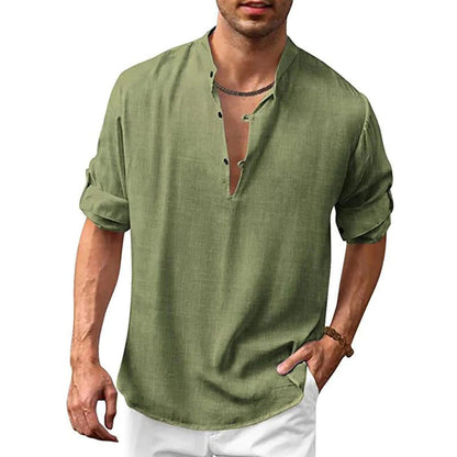 Leinenhemd – locker sitzendes, leichtes Sommerhemd mit V-Ausschnitt für Herren-Grün-S-Chaps Herrenmode
