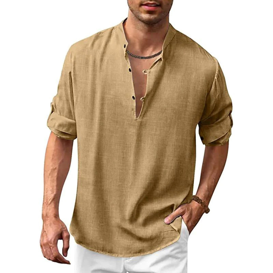 Leinenhemd – locker sitzendes, leichtes Sommerhemd mit V-Ausschnitt für Herren-Khaki-S-Chaps Herrenmode