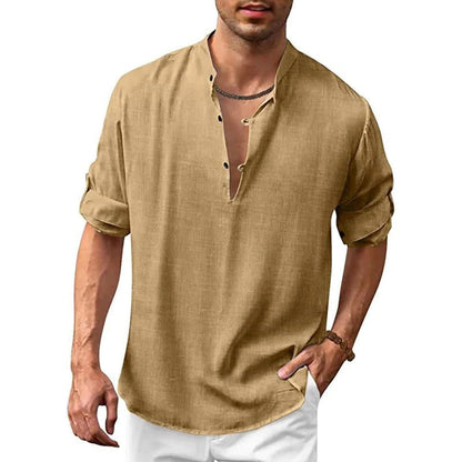 Leinenhemd – locker sitzendes, leichtes Sommerhemd mit V-Ausschnitt für Herren-Khaki-S-Chaps Herrenmode
