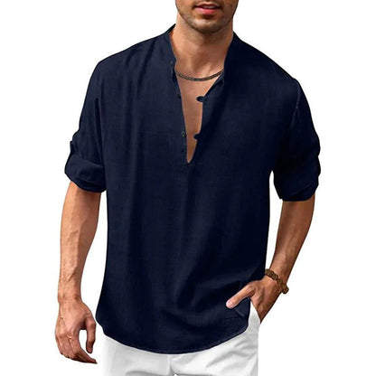 Leinenhemd – locker sitzendes, leichtes Sommerhemd mit V-Ausschnitt für Herren-Marineblau-S-Chaps Herrenmode