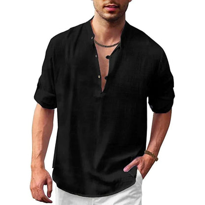 Leinenhemd – locker sitzendes, leichtes Sommerhemd mit V-Ausschnitt für Herren-Schwarz-S-Chaps Herrenmode