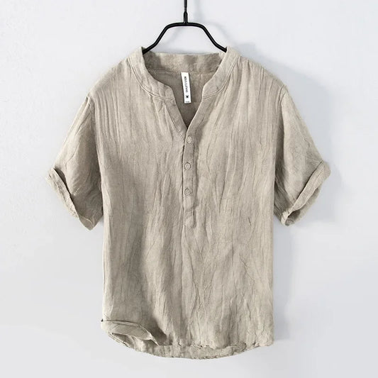 Leinenhemd – mit Knöpfen – leicht – Kurzarmhemd – Herrenhemden-Khaki-M-Chaps Herrenmode