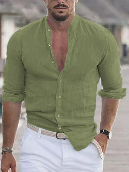Leinenhemd – mit Knopfleiste – Leicht – langärmlig – Herrenhemd-Grün-XS-Chaps Herrenmode