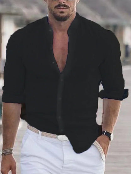 Leinenhemd – mit Knopfleiste – Leicht – langärmlig – Herrenhemd-Schwarz-XS-Chaps Herrenmode