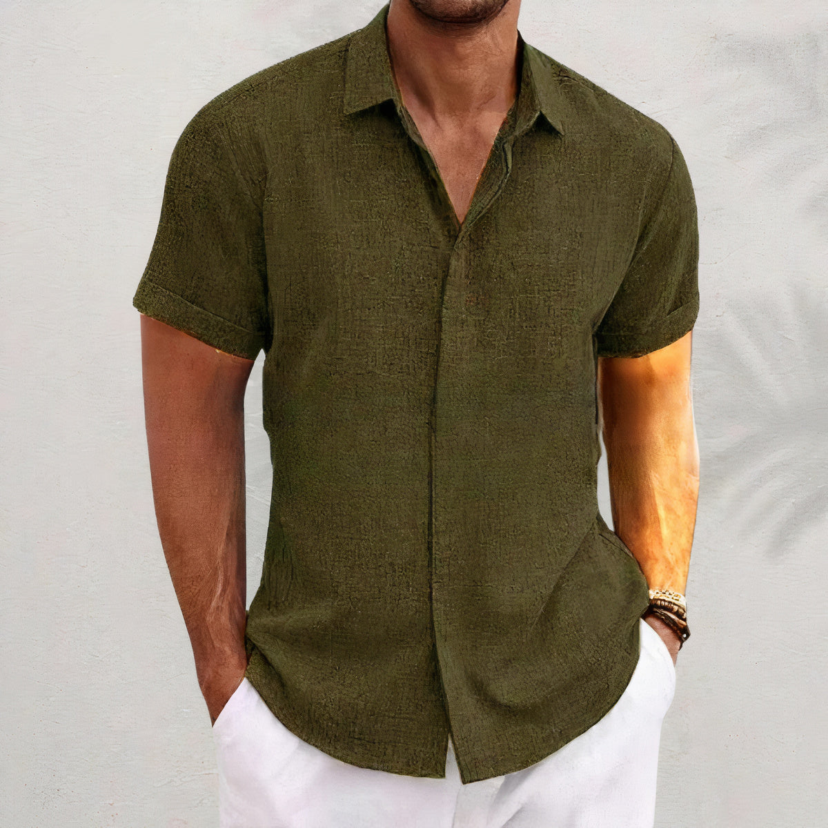 Leinenhemd – mit Kragen | Knopfleiste | Kurzarmhemd | Herrenhemden-Olivgrün-S-Chaps Herrenmode