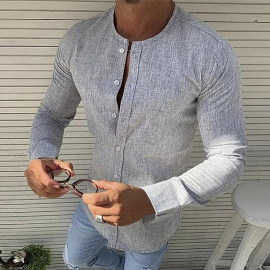 Leinenhemd – schmale Passform – Langarm – Hemd mit Knöpfen – Herrenhemden-Grau-S-Chaps Herrenmode