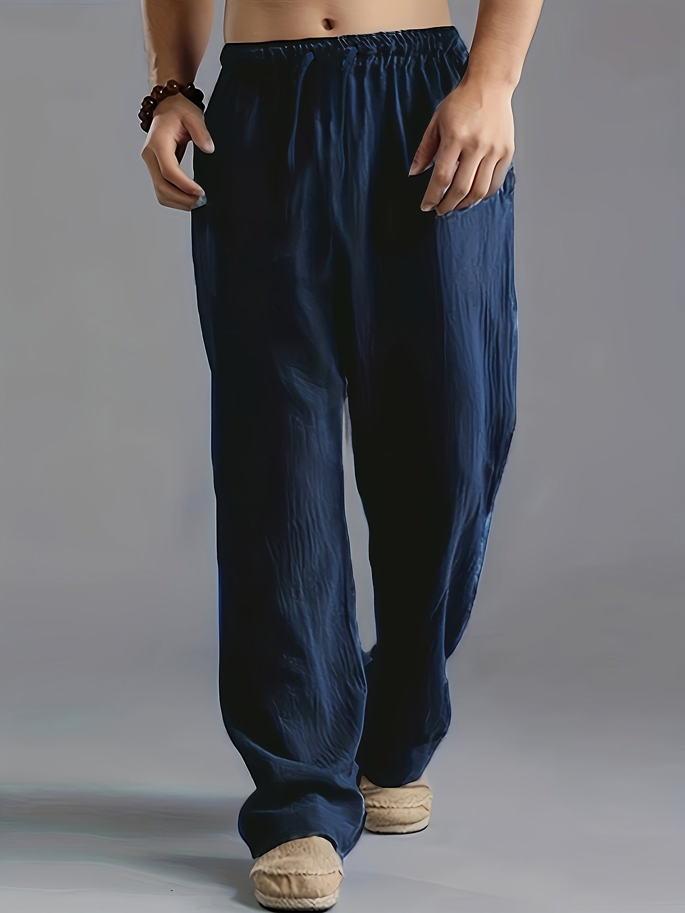 Leinenhose | Elastischer Bund | Kordelzug | Locker sitzende Hose | Herrenhose-Marineblau-S-Chaps Herrenmode