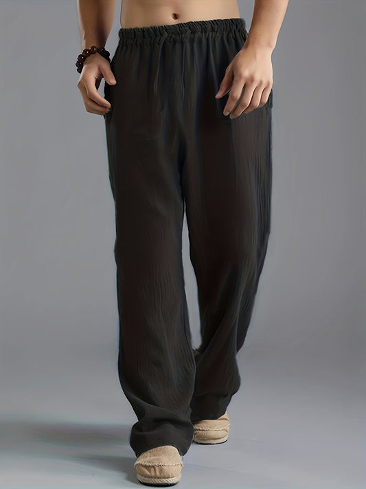 Leinenhose | Elastischer Bund | Kordelzug | Locker sitzende Hose | Herrenhose-Schwarz-S-Chaps Herrenmode