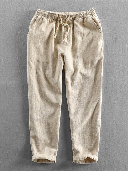 Leinenhose - Herren Casual Elastic Waist Loose Fit Hose-Beige-S-Chaps Herrenmode