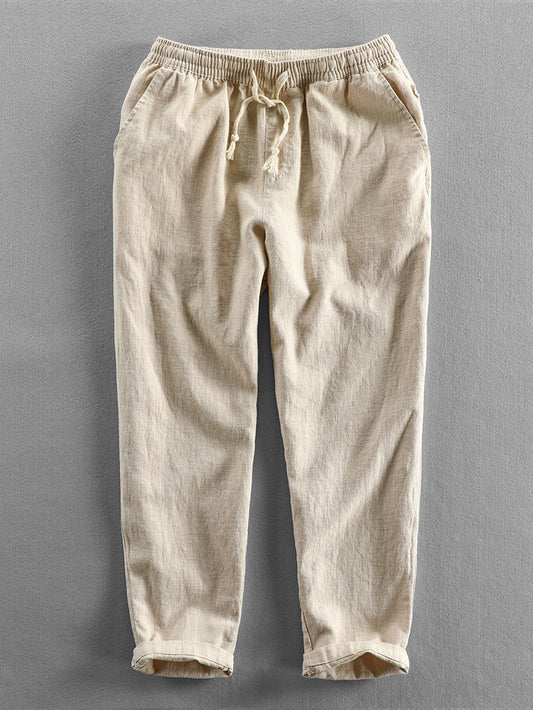 Leinenhose - Herren Casual Elastic Waist Loose Fit Hose-Beige-S-Chaps Herrenmode