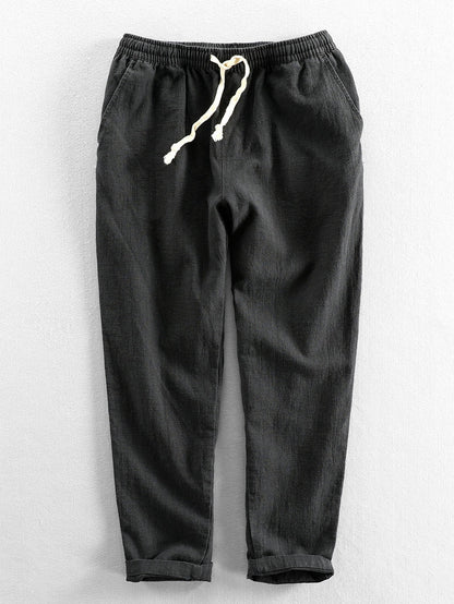 Leinenhose - Herren Casual Elastic Waist Loose Fit Hose-Schwarz-S-Chaps Herrenmode