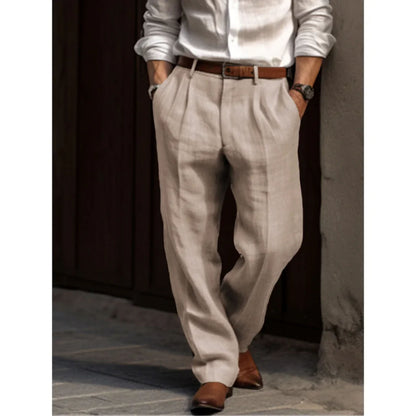 Leinenhose – lockere Passform – Sommer – Bundfaltenhose – Herrenhose-Beige-S-Chaps Herrenmode