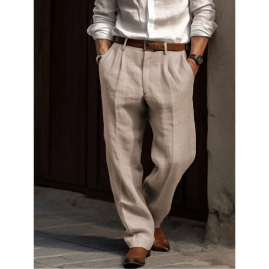 Leinenhose – lockere Passform – Sommer – Bundfaltenhose – Herrenhose-Beige-S-Chaps Herrenmode