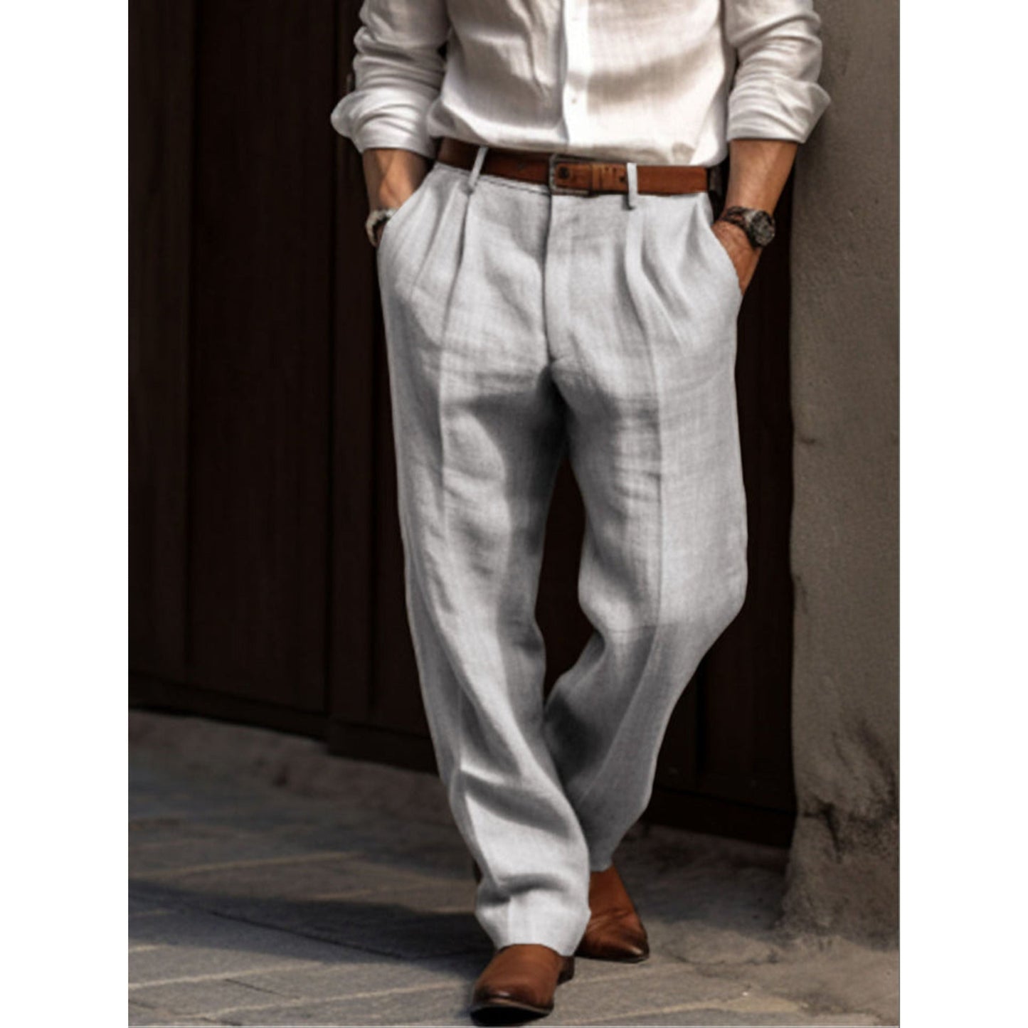 Leinenhose – lockere Passform – Sommer – Bundfaltenhose – Herrenhose-Grau-S-Chaps Herrenmode
