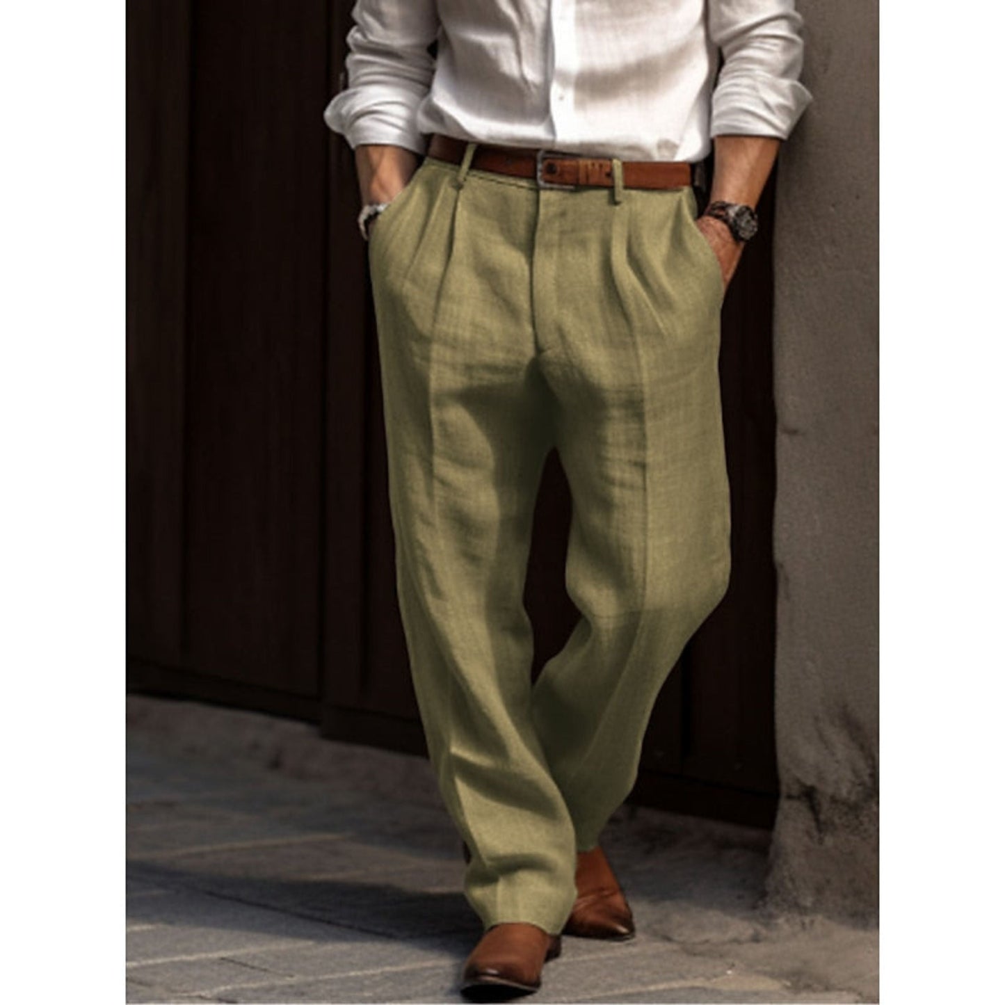 Leinenhose – lockere Passform – Sommer – Bundfaltenhose – Herrenhose-Grün-S-Chaps Herrenmode