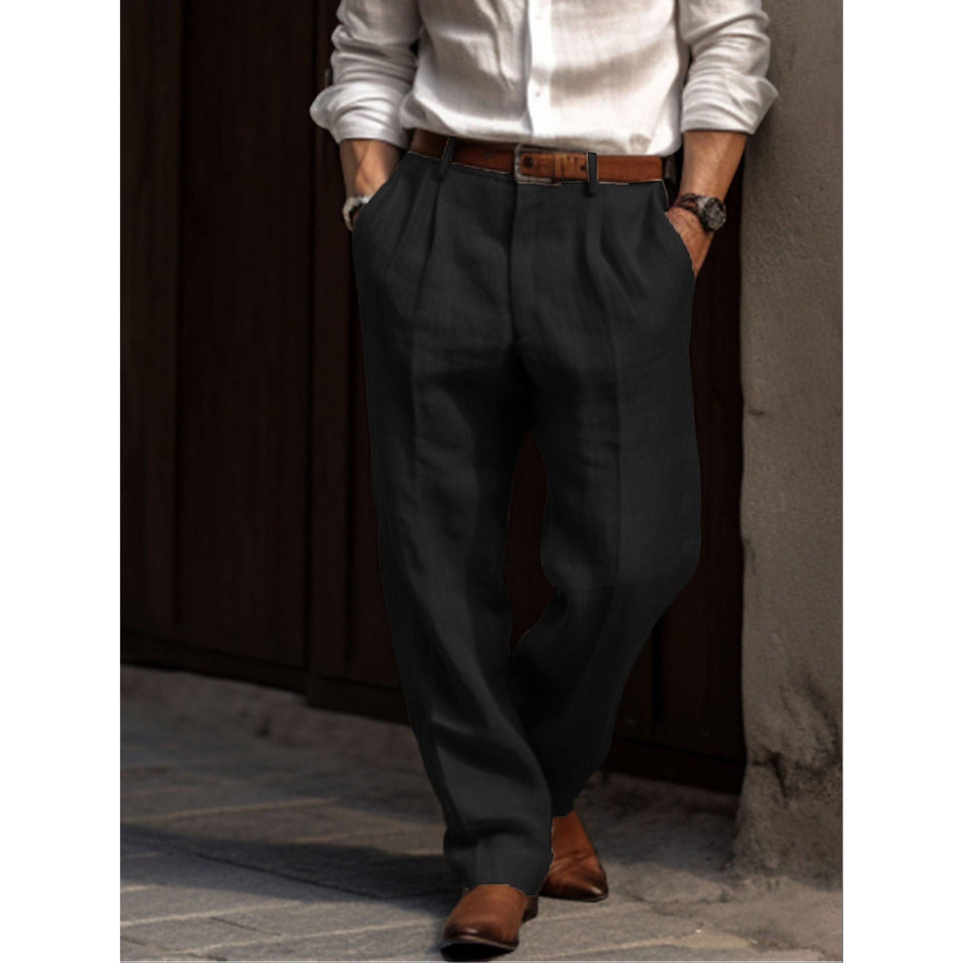 Leinenhose – lockere Passform – Sommer – Bundfaltenhose – Herrenhose-Schwarz-S-Chaps Herrenmode