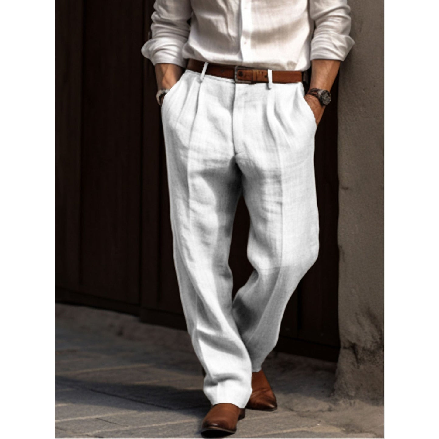 Leinenhose – lockere Passform – Sommer – Bundfaltenhose – Herrenhose-Weiß-S-Chaps Herrenmode