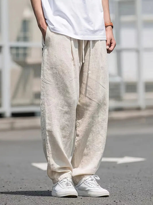 Leinenhose – lockere Passform – elastischer Bund – Sommerhose – weiße Herrenhose-Khaki-S-Chaps Herrenmode