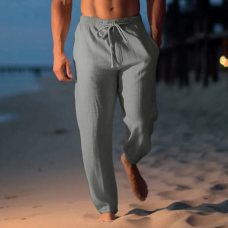 Leinenhosen | Elastische Taille | Kordelzug | Sommerhosen | Leinenbekleidung für Männer-Grau-XS-Chaps Herrenmode