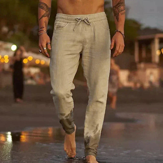 Leinenhosen - Elastische Taille mit Geradem Bein Sommerhosen für Männer-Beige-S-Chaps Herrenmode