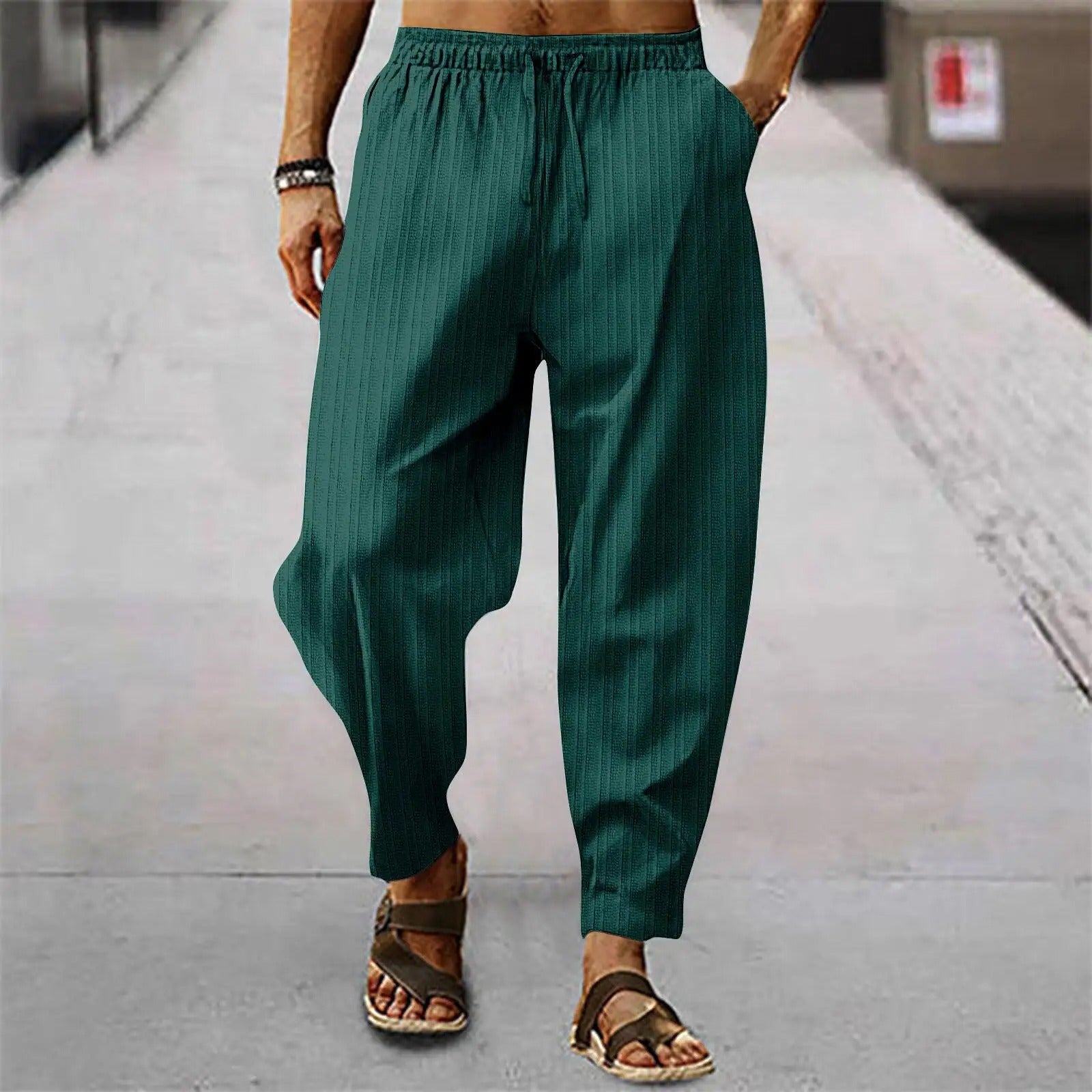 Leinenhosen - Herrenhosen mit elastischer Taille Baumwolle Sommerhosen mit lockerer Passform-Armeegrün-S-Chaps Herrenmode