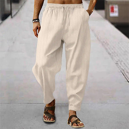 Leinenhosen - Herrenhosen mit elastischer Taille Baumwolle Sommerhosen mit lockerer Passform-Beige-S-Chaps Herrenmode