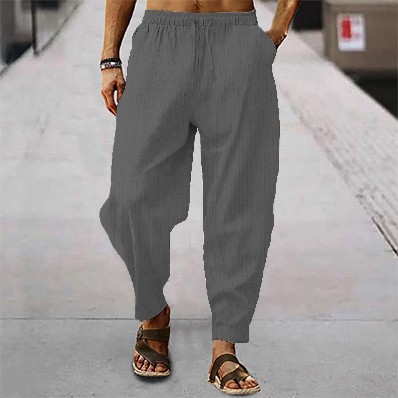 Leinenhosen - Herrenhosen mit elastischer Taille Baumwolle Sommerhosen mit lockerer Passform-Grau-S-Chaps Herrenmode