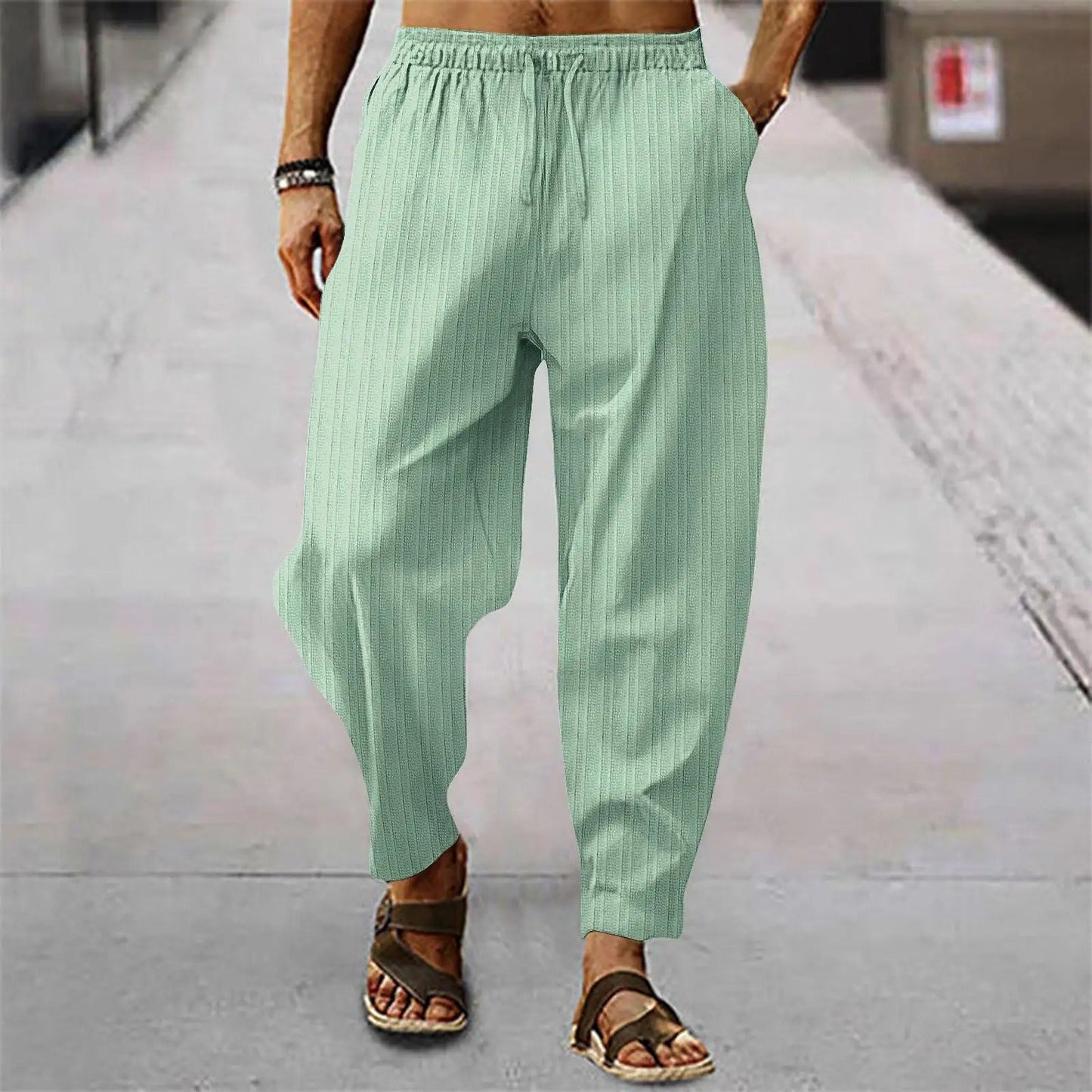 Leinenhosen - Herrenhosen mit elastischer Taille Baumwolle Sommerhosen mit lockerer Passform-Grün-S-Chaps Herrenmode