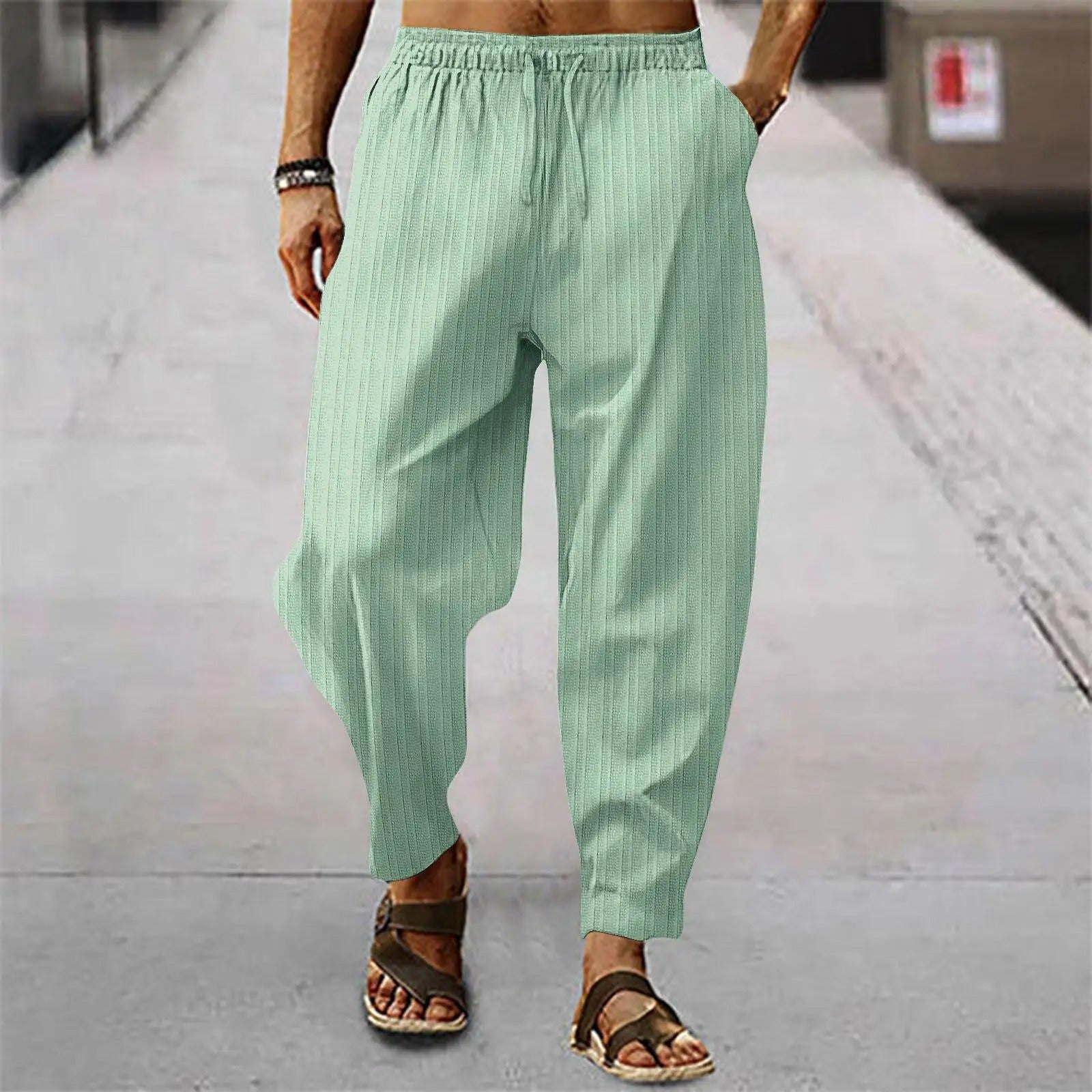 Leinenhosen - Herrenhosen mit elastischer Taille Baumwolle Sommerhosen mit lockerer Passform-Grün-S-Chaps Herrenmode