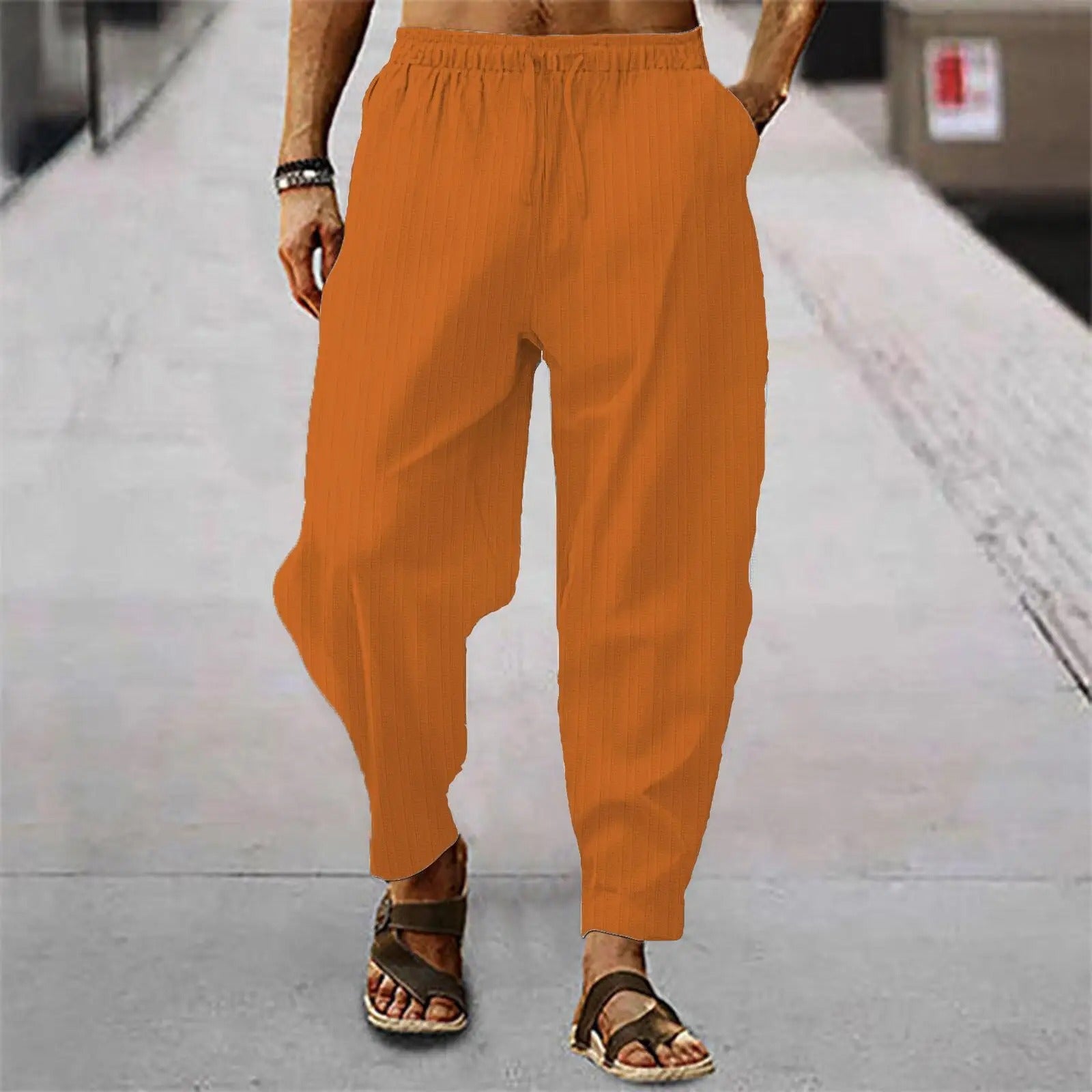 Leinenhosen - Herrenhosen mit elastischer Taille Baumwolle Sommerhosen mit lockerer Passform-Orange-S-Chaps Herrenmode