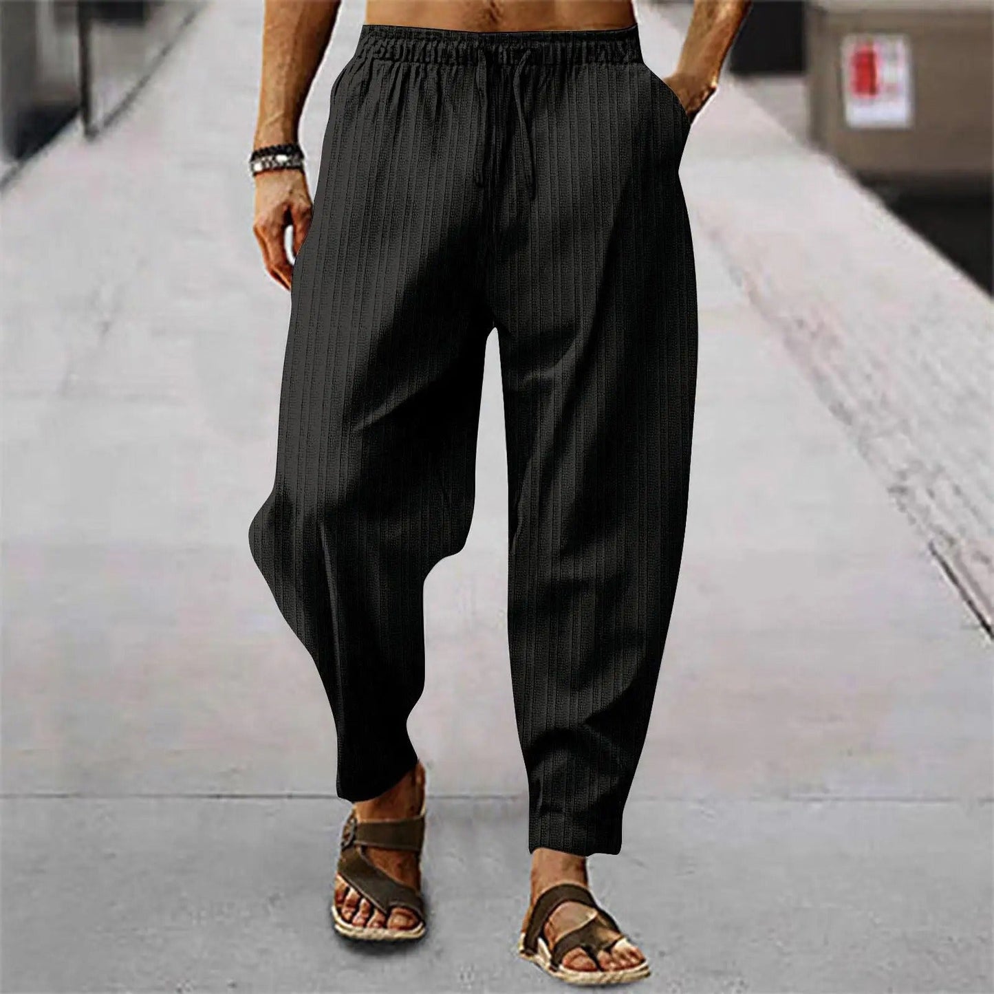 Leinenhosen - Herrenhosen mit elastischer Taille Baumwolle Sommerhosen mit lockerer Passform-Schwarz-S-Chaps Herrenmode