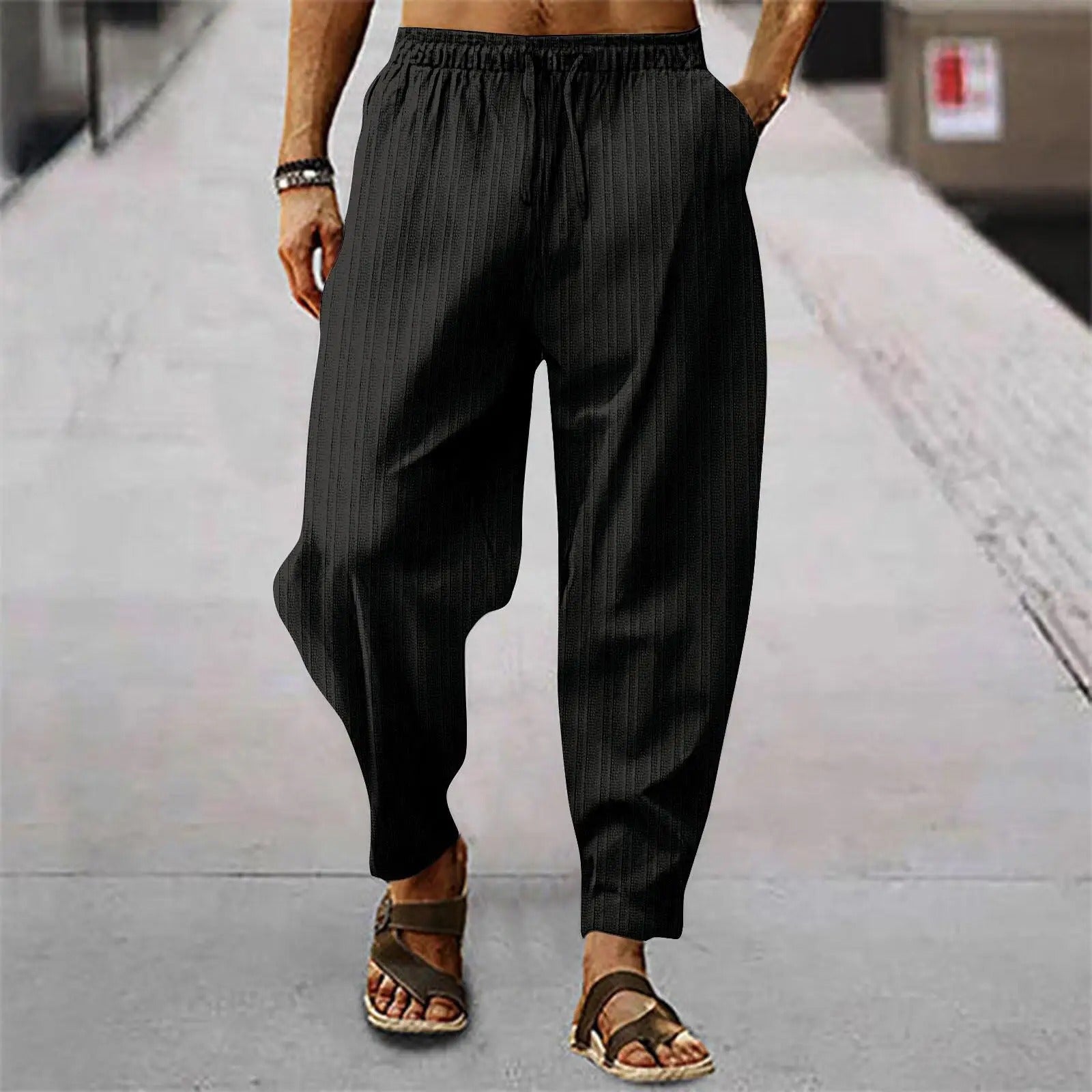 Leinenhosen - Herrenhosen mit elastischer Taille Baumwolle Sommerhosen mit lockerer Passform-Schwarz-S-Chaps Herrenmode