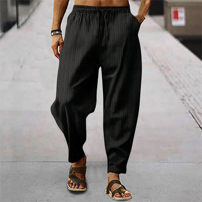 Leinenhosen - Herrenhosen mit elastischer Taille Baumwolle Sommerhosen mit lockerer Passform-Schwarz-S-Chaps Herrenmode