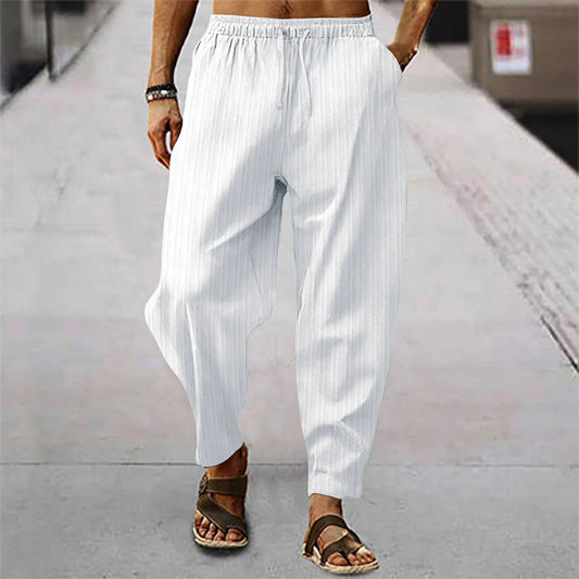 Leinenhosen - Herrenhosen mit elastischer Taille Baumwolle Sommerhosen mit lockerer Passform-Weiß-S-Chaps Herrenmode