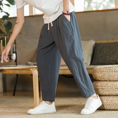 Leinenhosen - Kordelzug - Baumwolle - Loose Fit Hosen - Herrenhosen-Grau-S-Chaps Herrenmode