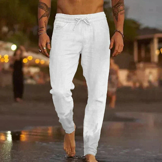 Leinenhosen - Kordelzug - Elastische Taille - Freizeithosen - Herrenhosen-Weiß-S-Chaps Herrenmode