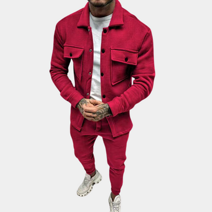 Men's Co-Ord Set - Zugeknöpft - Langarm - Zweiteiliges Set - Herrenbekleidung-Rot-S-Chaps Herrenmode